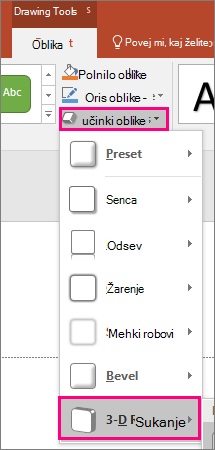 Posnetek zaslona, ki prikazuje možnost 3D-vrtenja v meniju Učinki oblike v programu PowerPoint 2016.