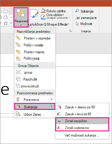 Posnetek zaslona, na katerem so prikazane možnosti Razporedi > vrtenje in zrcanje > v PowerPointu.