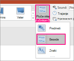Posnetek zaslona, ki prikazuje meni Možnosti učinka za prehod Preoblikovanje z izbranimi besedami.