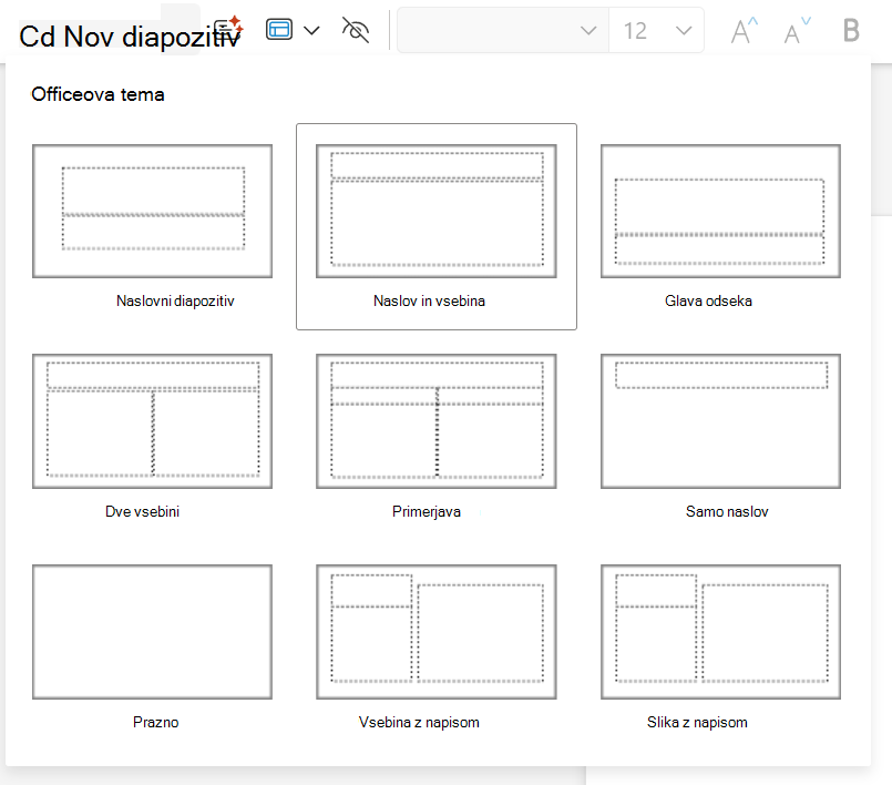 Spustni meni »Nov diapozitiv« na zavihku »Osnovno« v programu PowerPoint za splet