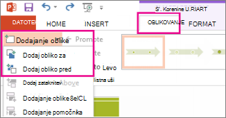 Na zavihku »Načrt« kliknite »Dodaj obliko«.