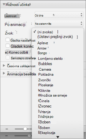 Posnetek zaslona, na katerem je prikazan razdelek »Možnosti učinka« v podoknu »Animacije« z razširjenim menijem »Zvok«.