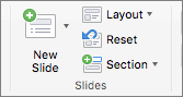 Posnetek zaslona prikazuje skupino »Diapozitivi« z novimi možnostmi »Nov diapozitiv«, »Postavitev«, »Ponastavi« in »Odsek«.