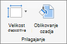 Posnetek zaslona prikazuje skupino »Prilagodi« z možnostma za »Velikost diapozitiva« in »Oblikovanje ozadja«.