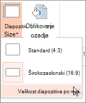 Možnost menija »Velikost diapozitiva po meri«