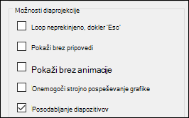 Skupina »Pokaži možnosti« v razdelku »Nastavitev diaprojekcije« z omogočeno možnostjo posodabljanja diapozitivov.