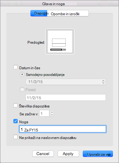 Potrditveno polje »Noga« na zavihku »Diapozitiv« v polju »Glava & noga«