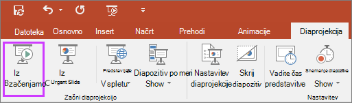 Prikaže gumb Od začetka na zavihku diaprojekcije v PowerPointu