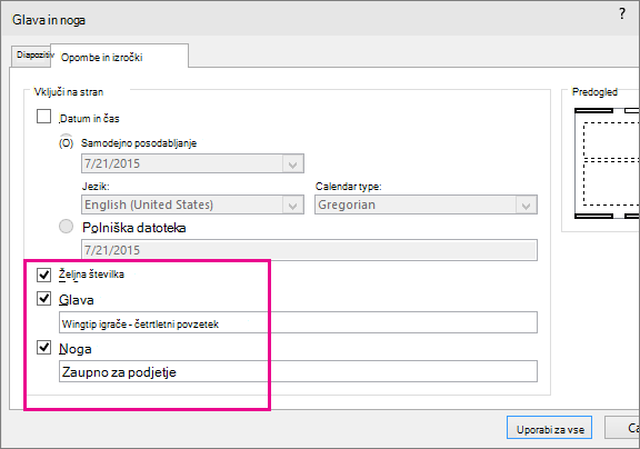 Prikaz pogovornega okna za glavo v PowerPointu