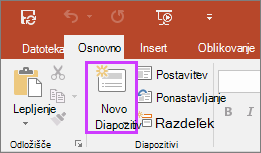 Pokaže gumb za nov diapozitiv na zavihku »Osnovno« na traku v PowerPointu
