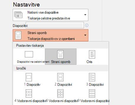 posnetek zaslona možnosti tiskanja opomb