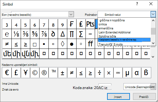 Pokaže podmnožici »Podpisano« in »Nadpisano« v pogovornem oknu »Simbol« v PowerPointu.