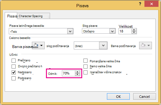 Prikaže pogovorno okno »Pisava« v PowerPointu