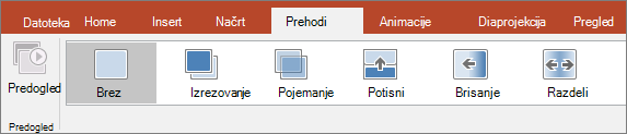 Zavihek »Prehodi« na traku v PowerPointu.
