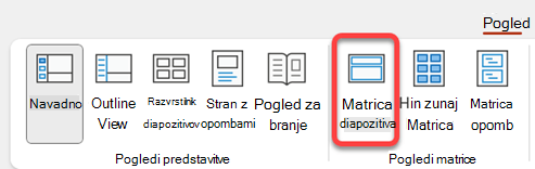 Gumb Matrica diapozitiva na zavihku Pogled v PowerPointu.