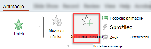 Gumb Dodaj animacijo na zavihku Animacije.