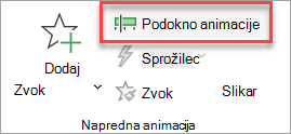 Kje najdete preklopni gumb »Podokno animacije« na zavihku »Animacije«.