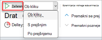 Izbirnik spustnega menija »Začetek« v časovni usklajenosti animacije.