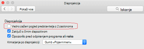 V pogovornem oknu Diaprojekcija počistite potrditveno polje Vedno zaženi pogled predstavitelja z 2 zaslonoma.
