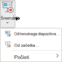 Ukazi »Snemanje diaprojekcije« na zavihku »Snemanje« v PowerPointu.