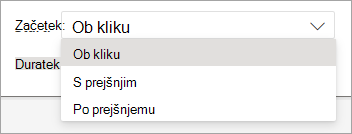 Izbirnik spustnega seznama »Začetek« pri uporabi animacije v PowerPointu za splet.