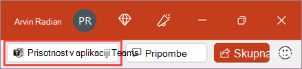 Posnetek zaslona datoteke PPT z izbrano možnostjo Predstavi v aplikaciji Teams.