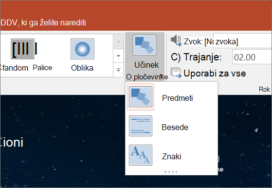 Prikaže možnosti učinka prehoda za prehod Preoblikovanje v programu PowerPoint 2016