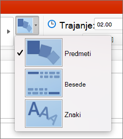 Prikaže možnosti učinka za prehod Preoblikovanje v programu PowerPoint 2016 za Mac