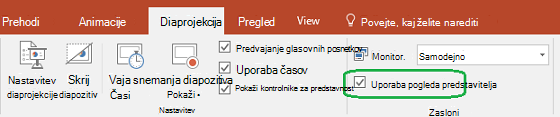 Zavihek »Diaprojekcija «v PowerPointu ima potrditveno polje, s katerim določite, ali naj se pogled predstavitelja uporabi, ko pokažete predstavitev drugim osebam.