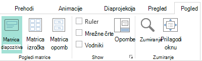 Postavitve diapozitivov lahko prilagodite v pogledu matrice diapozitiva