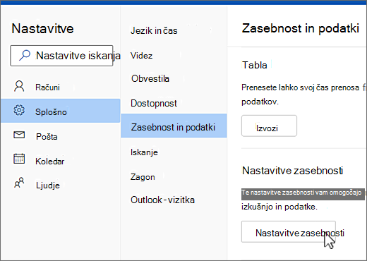 Meni »Splošne nastavitve zasebnosti in podatkov«