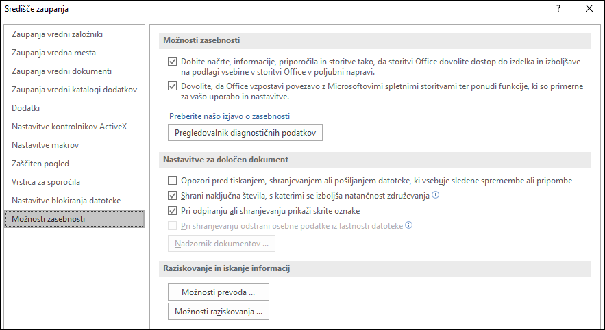 Možnosti zasebnosti v Officeovem središču zaupanja