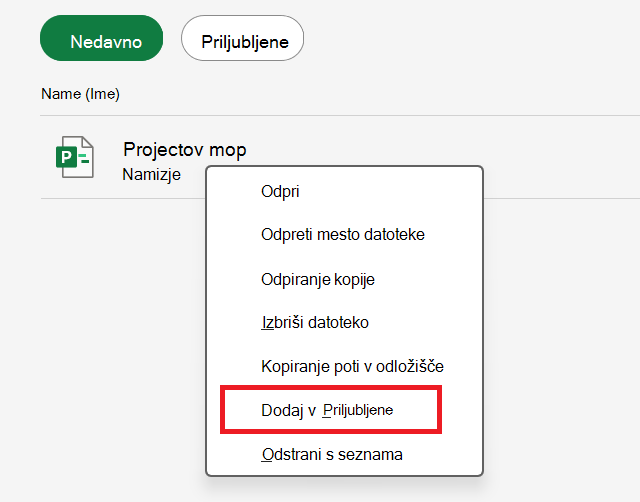 Posnetek zaslona z možnostjo »Dodaj med priljubljene«.
