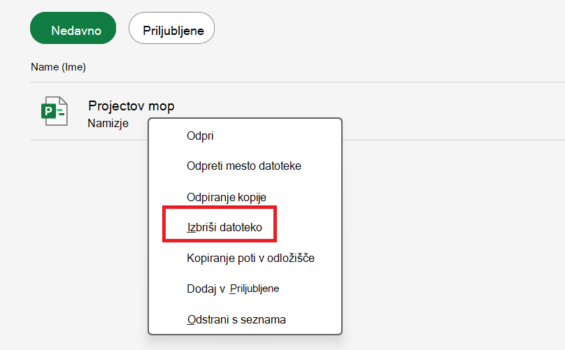 Posnetek zaslona, ki prikazuje možnost »Izbriši datoteko«.