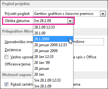 Seznam »Oblika datuma« v pogovornem oknu »Možnosti projekta«