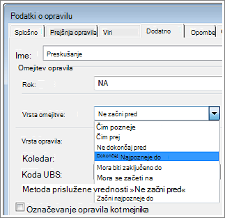 Pogovorno okno »Podatki o opravilu«, meni »Vrsta omejitve«