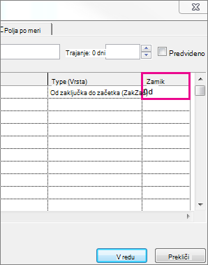 Stolpec »Zamik« v polju »Informacije o opravilu«.
