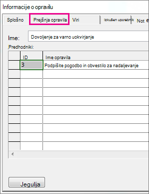 Polje Informacije o opravilu, ki prikazuje zavihek Predhodniki.