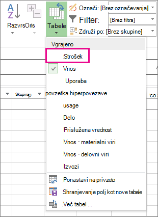 »Tabela stroškov« v meniju »Tabele«