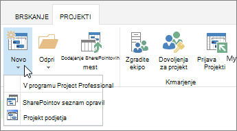 Novi gumb na traku v središču za projekte