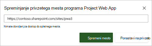 Posnetek zaslona pogovornega okna za spreminjanje privzetega spletnega mesta programa Project Web App z rdečim sporočilom o napaki pod poljem z besedilom