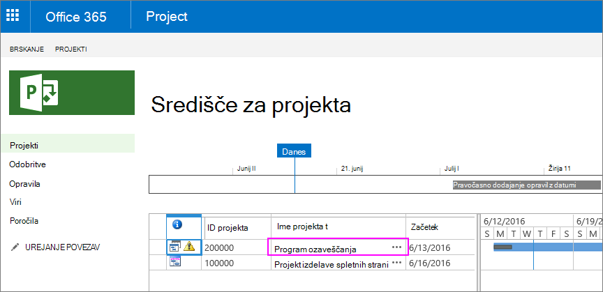 V središču za projekte izberite ime projekta.