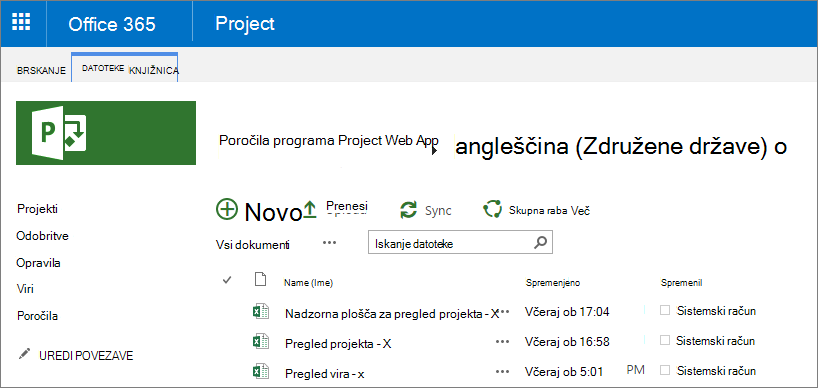Na strani s poročili programa Project Web App izberite svoj jezik.