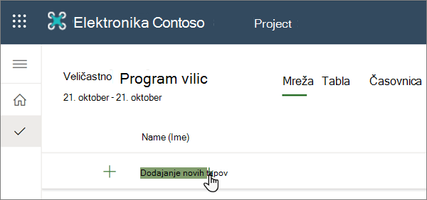 Izbor »Dodaj novo opravilo« v Projectu