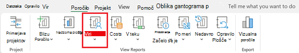 Zavihek »Poročilo« z gumbom »Viri«