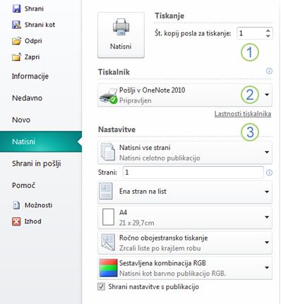 Nastavitve tiskanja v programu Publisher 2010