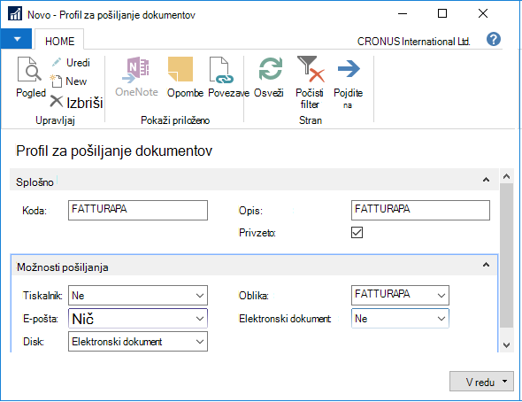 Posnetek zaslona profila za pošiljanje dokumenta
