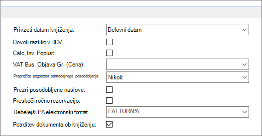 Posnetek zaslona nastavitve prodaje & terjatev