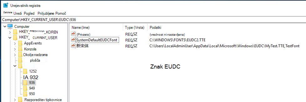 Ključ EUDC urejevalnika registra, ki prikazuje vrednost SystemDefaultEUDCFont