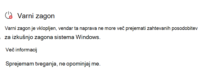 V razdelku Varni zagon je prikazano stanje Zahteva dejanje z rdečo ikono ustavitve.